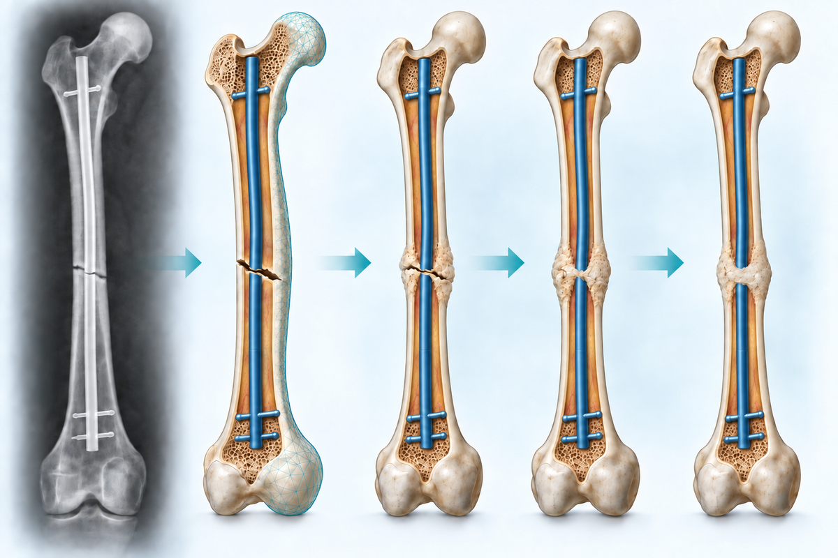 Eine postoperative Röntgenaufnahme des Femurs geht in ein Schnittmodell und drei simulierte Heilungsstadien über.