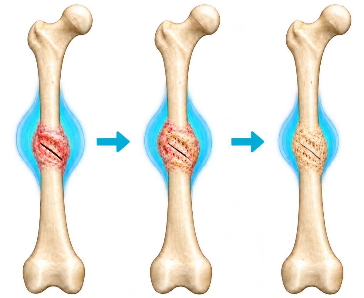 Three identical anterior femur views showing simulated tissue development around an unchanged fracture geometry