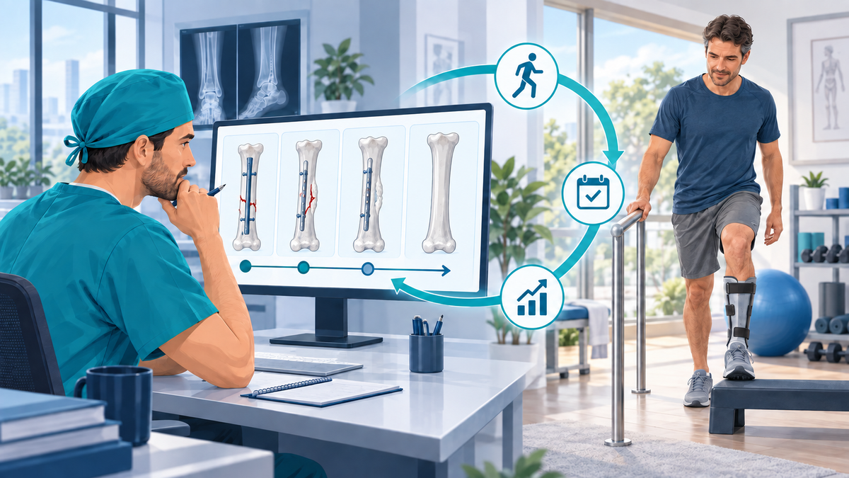 Ein Kliniker verfolgt den Heilungsverlauf, während ein Patient Rehabilitationsübungen absolviert.