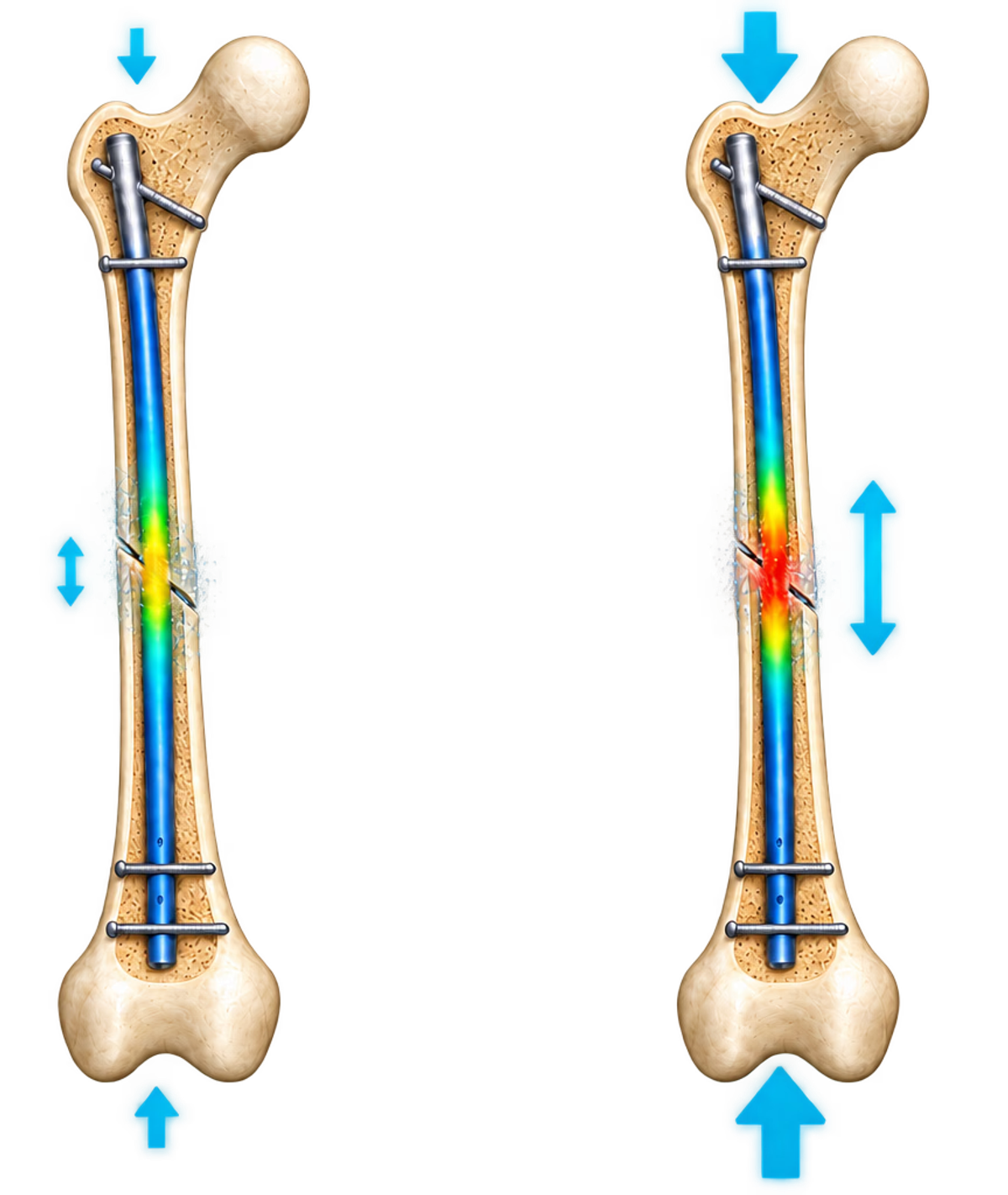 Two matching cutaway femur models comparing fracture movement, implant stress, and consolidation under lower and higher loading