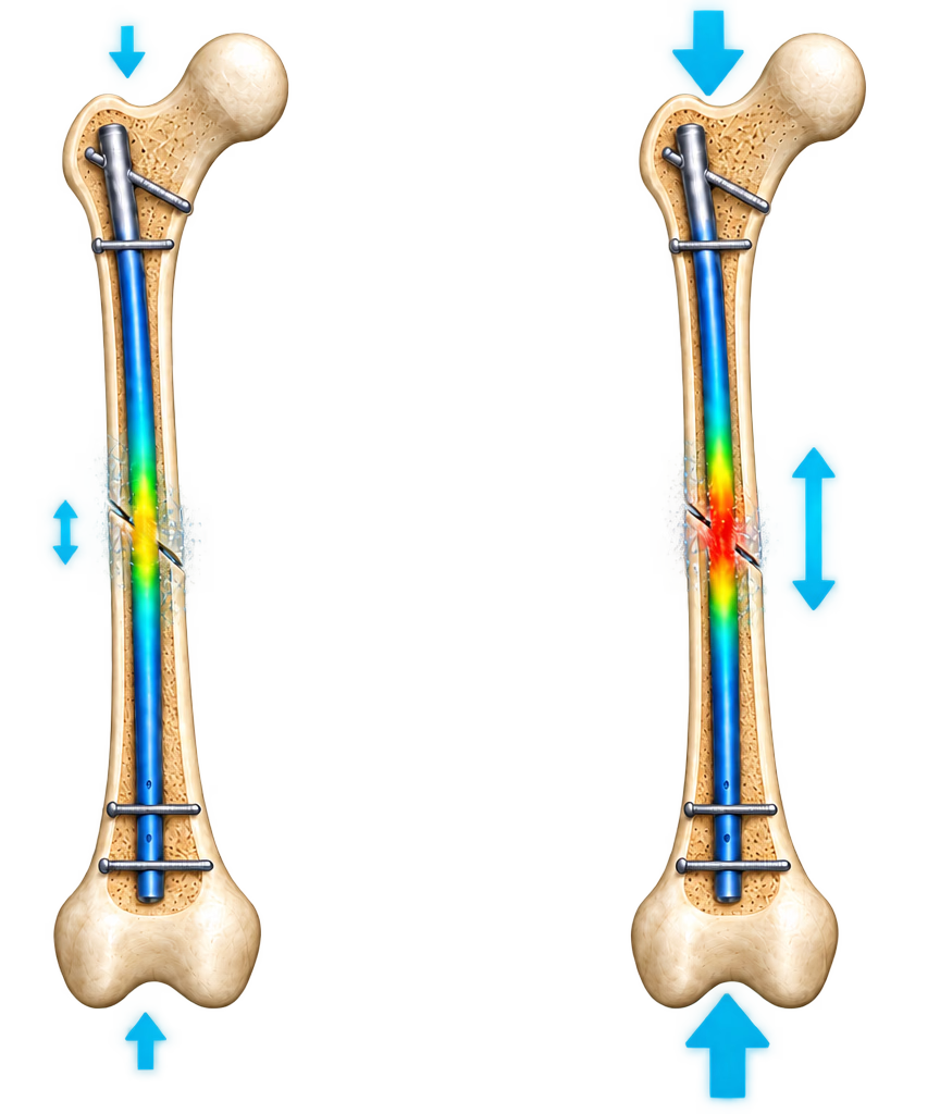 Two matching cutaway femur models comparing fracture movement, implant stress, and consolidation under lower and higher loading