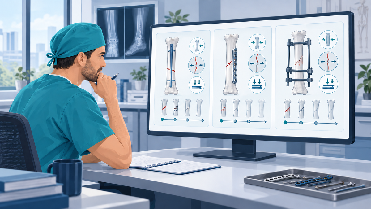 Ein orthopädischer Chirurg vergleicht drei Fixationsstrategien und deren mögliche Heilungsverläufe.