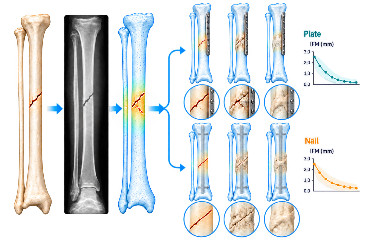 A postoperative femur radiograph transitions into a cutaway computational model and three simulated healing stages.