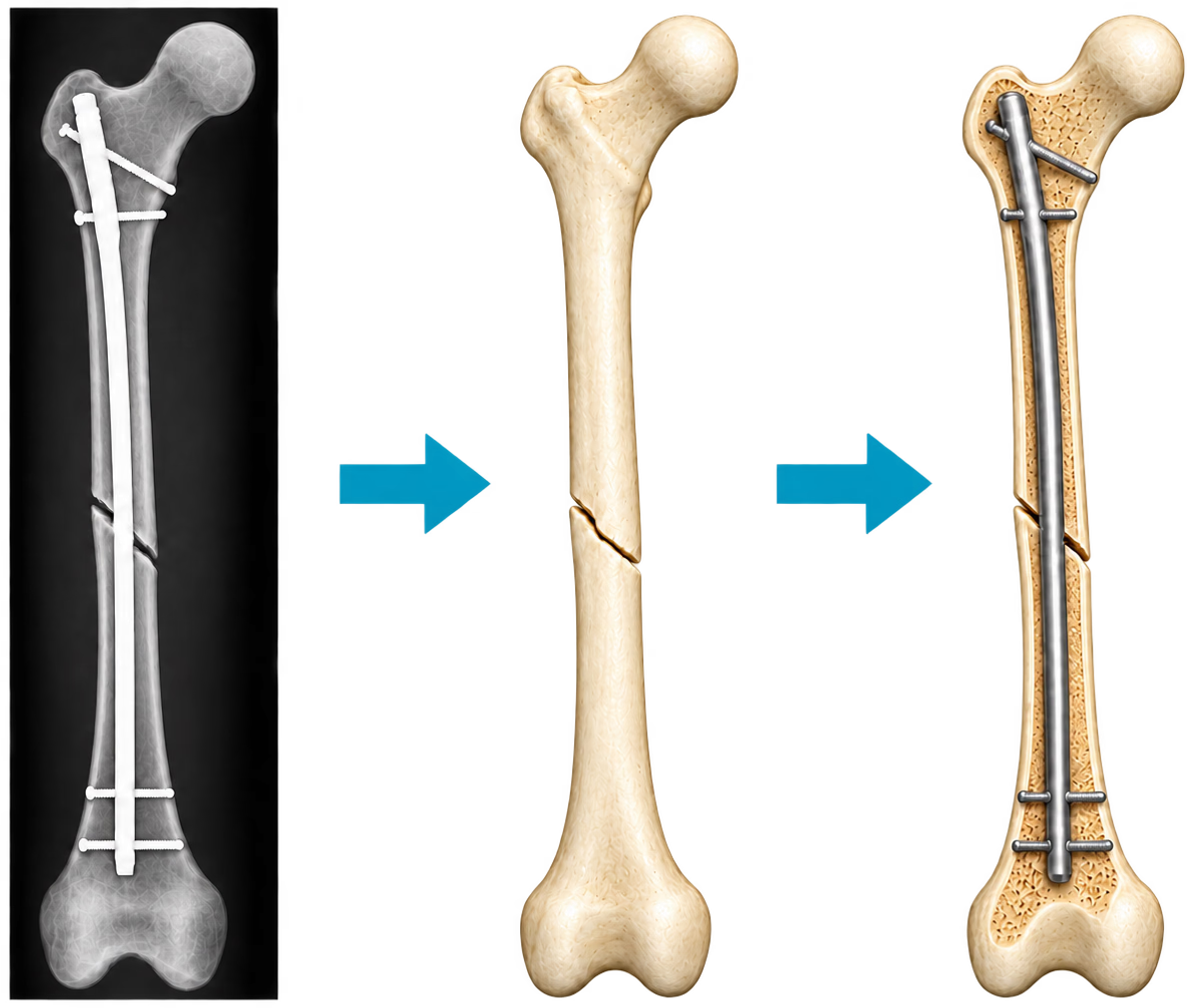 Postoperative femur radiograph, matching opaque model, and cutaway model with intramedullary nail