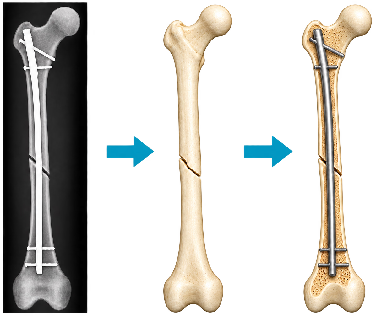 Postoperative femur radiograph, matching opaque model, and cutaway model with intramedullary nail
