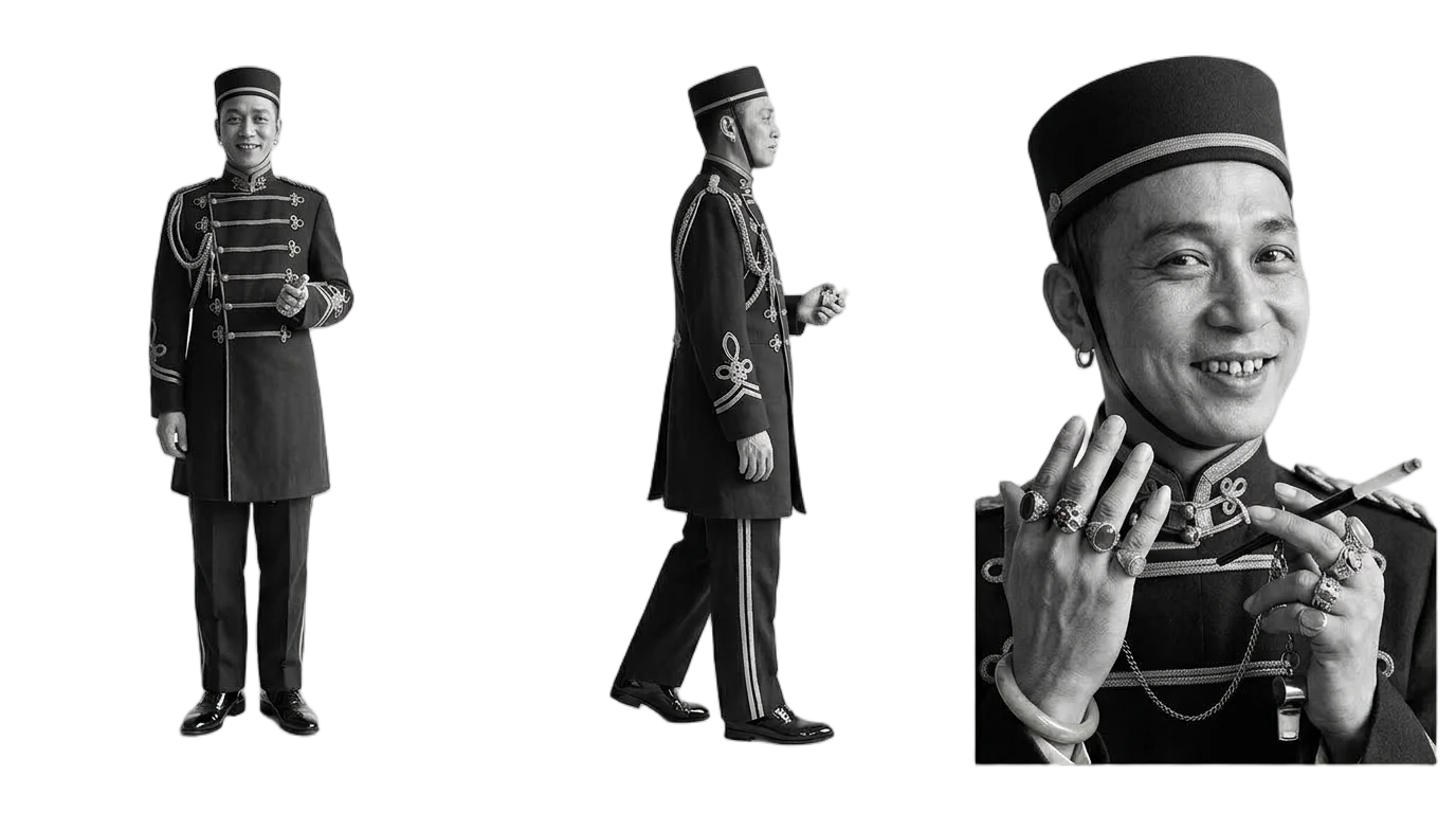 Squeeze costume test: frogged hotel uniform with rings and whistle, three views
