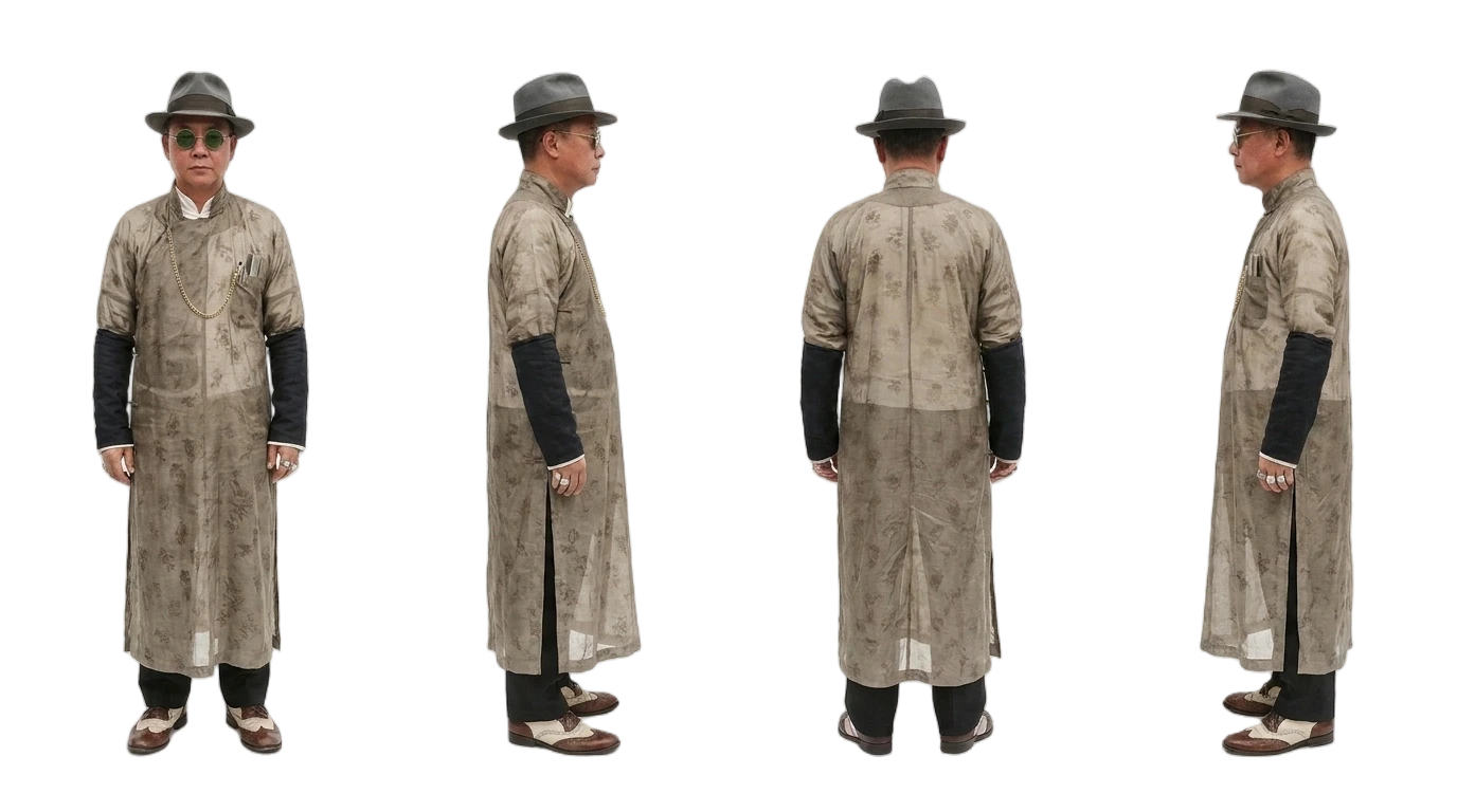 Squeeze costume test: fedora and gauze robe, four views