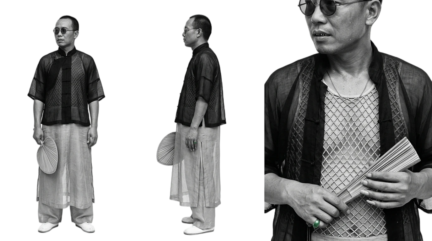 Squeeze costume test: sheer black shirt over mesh vest, palm fan, three views