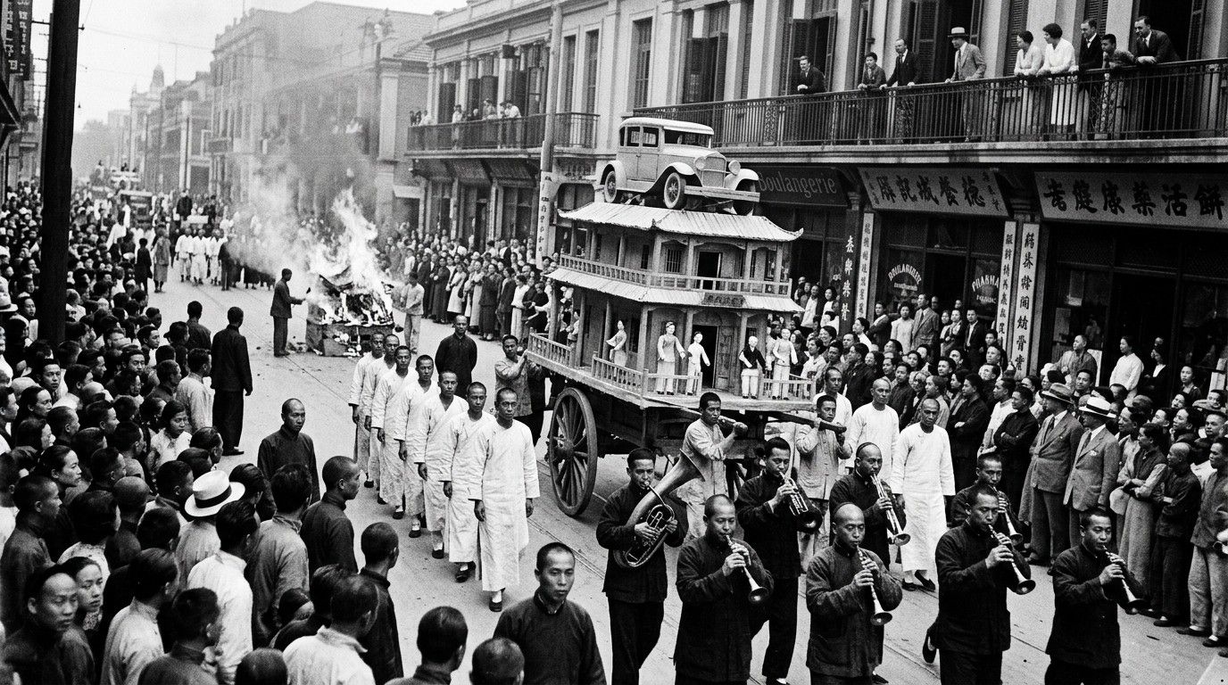 Street funeral procession with paper house and car, brass band
