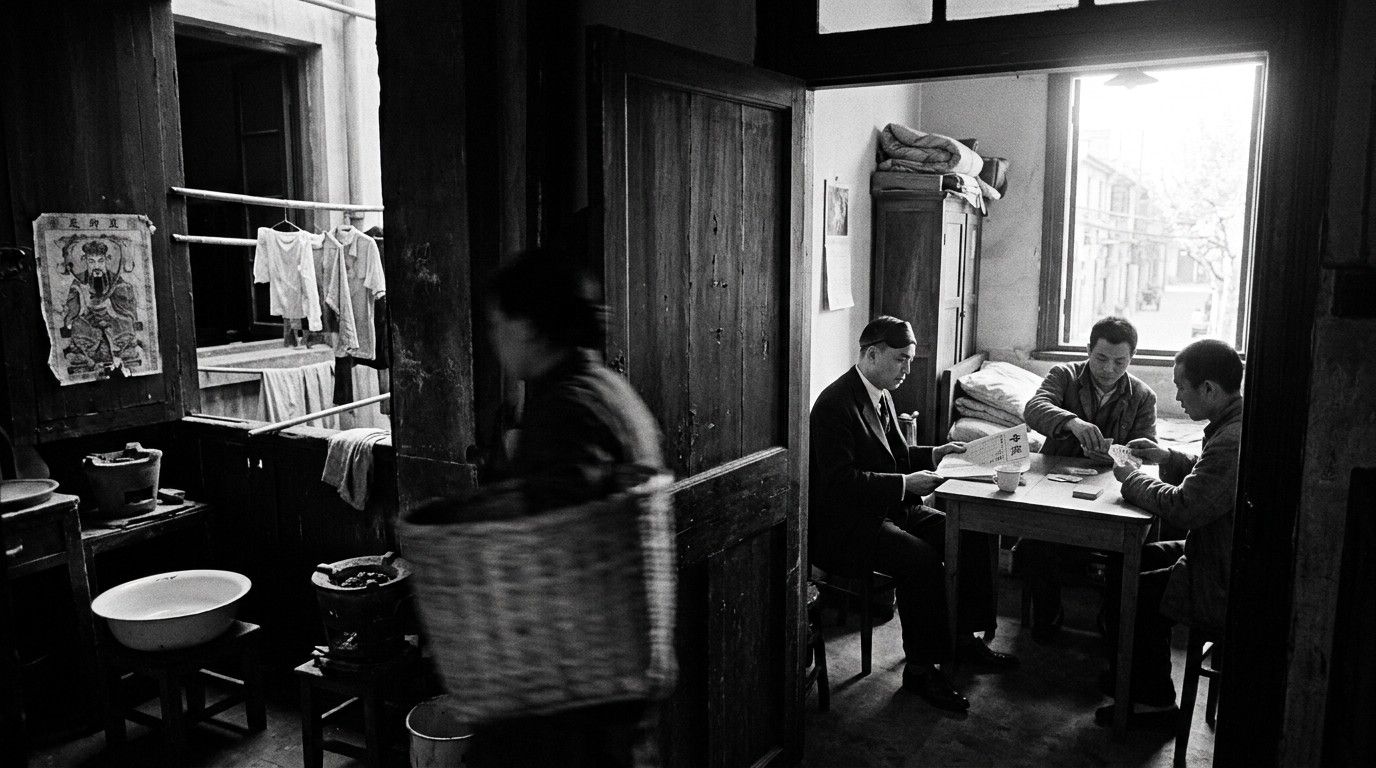 Card game in a back room, figure with basket passing in the foreground