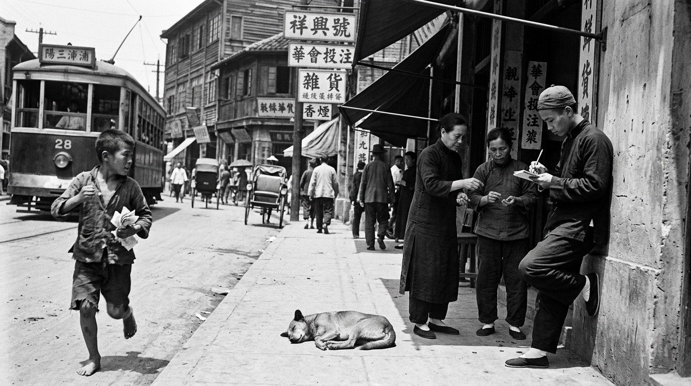 Street corner, boy running with betting slips past a bookie writing tickets