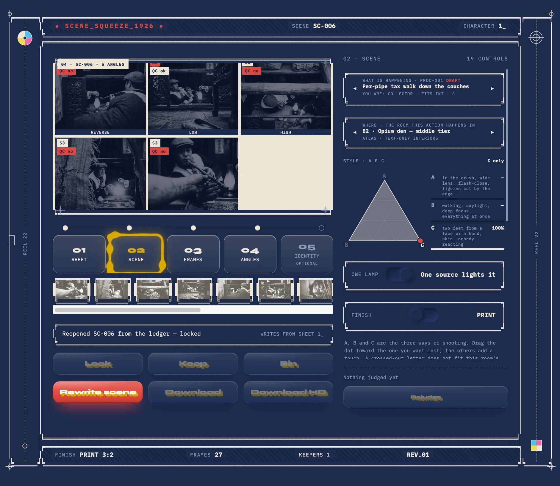 Scene Builder, five angles off a locked frame