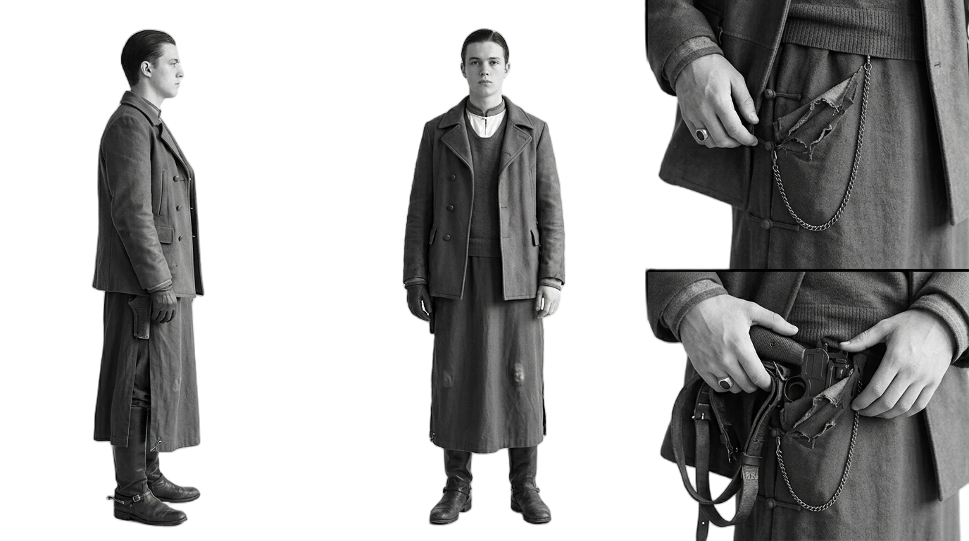 Squeeze costume test: wool greatcoat over knit, holstered pistol, three views