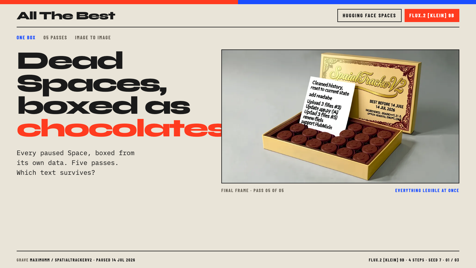 Slide 01: Dead Spaces, boxed as chocolates — final frame, pass 05 of 05