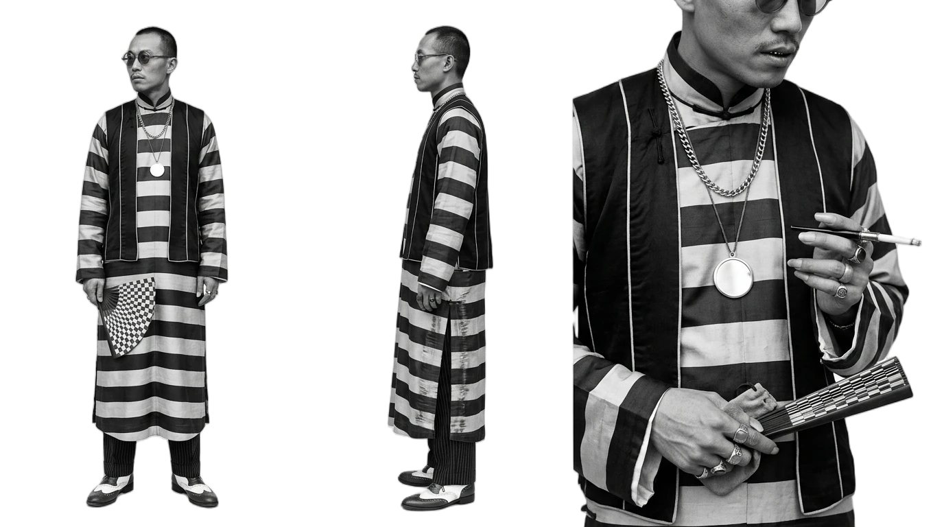 Squeeze costume test: striped changshan with vest, chain and fan, three views