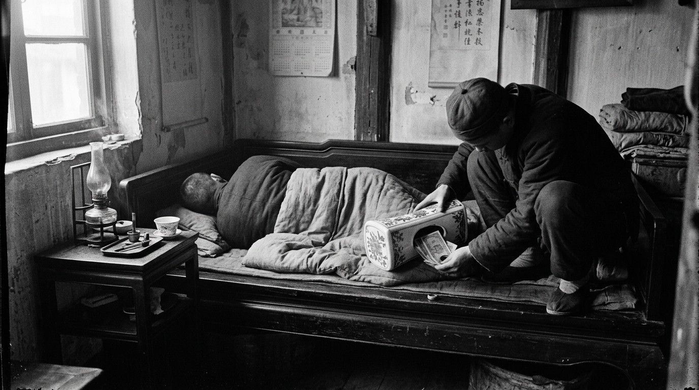 Man on a daybed, another slipping banknotes from a porcelain pillow