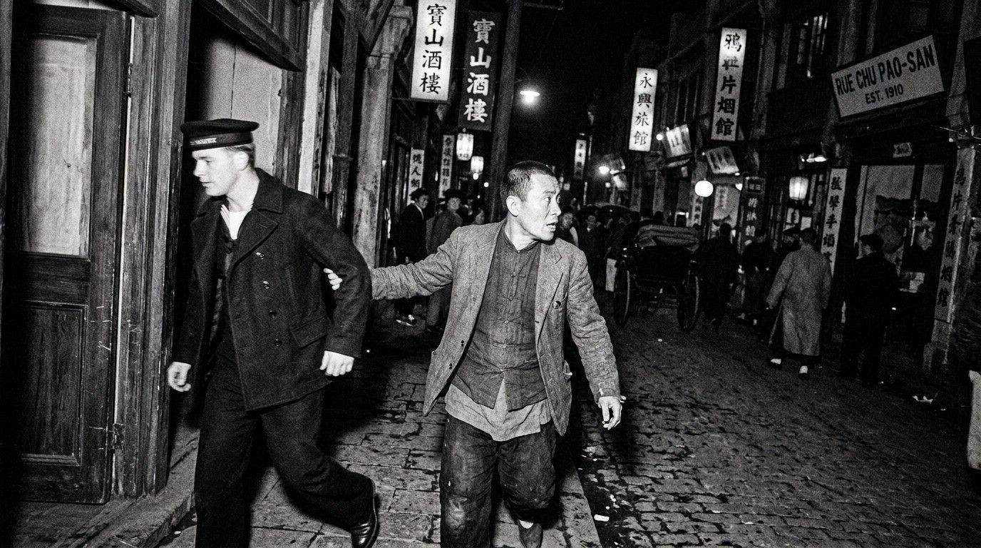 Night alley, man pulling a sailor by the arm