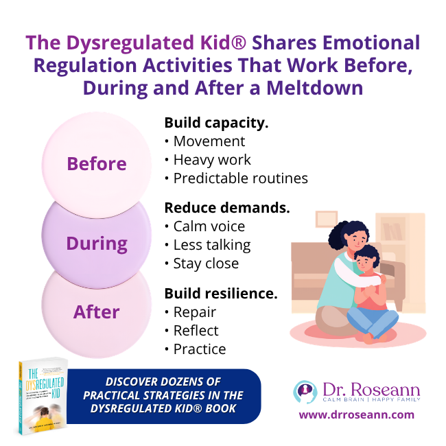 The Dysregulated Kid graphic listing emotional regulation activities before, during, and after a meltdown.