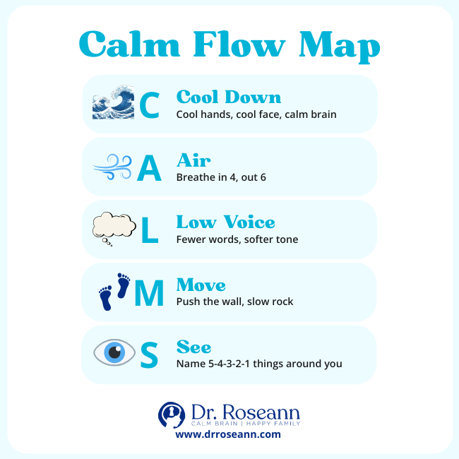 Infographic listing the 5 steps of the CALM Flow Map (Cool Down, Air, Low Voice, Move, See 5-4-3-2-1), a practical, sensory-based guide to reset the nervous system.