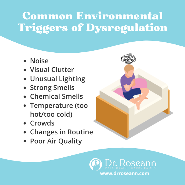 Infographic titled “Common Environmental Triggers of Dysregulation,” listing noise, visual clutter, unusual lighting, strong and chemical smells, hot or cold temperatures, crowds, routine changes, and poor air quality; illustration of a child sitting on a bed.