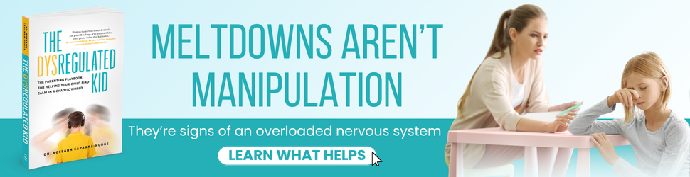 The Dysregulated Kid book graphic with the message ‘Meltdowns Aren’t Manipulation,’ an overloaded nervous system, and ‘Learn What Helps.’