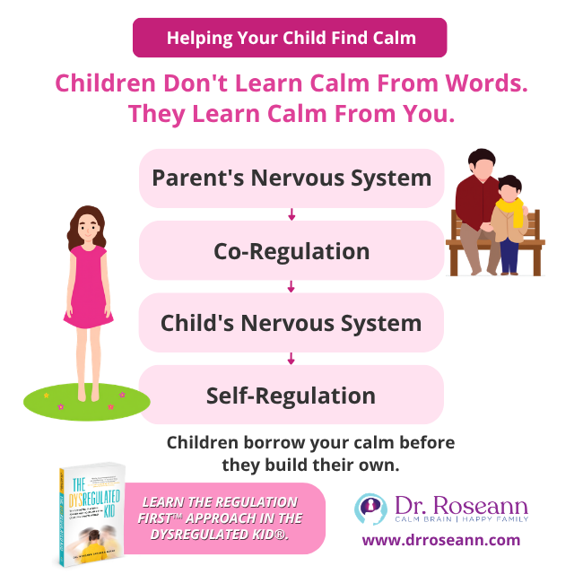 The Dysregulated Kid graphic showing a parent’s nervous system supporting co-regulation and a child’s self-regulation.