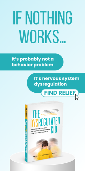 Self-regulation strategies CTA for The Dysregulated Kid, showing two children hugging, the book cover, parenting approaches such as consequences and sticker charts, and a ‘Find Relief’ button.