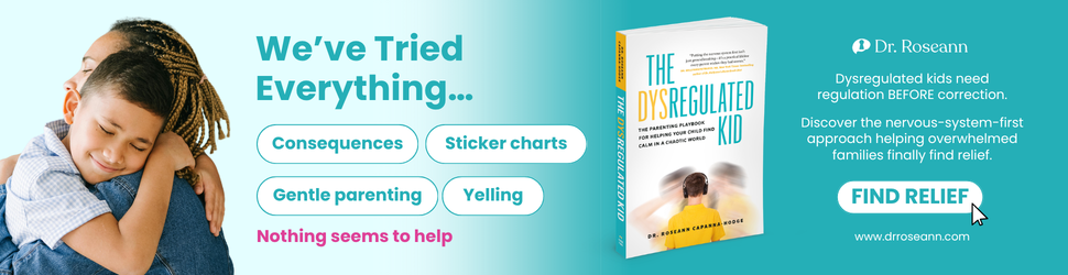 The Dysregulated Kid book banner showing a parent hugging a child, the book cover, and a Find Relief call to action