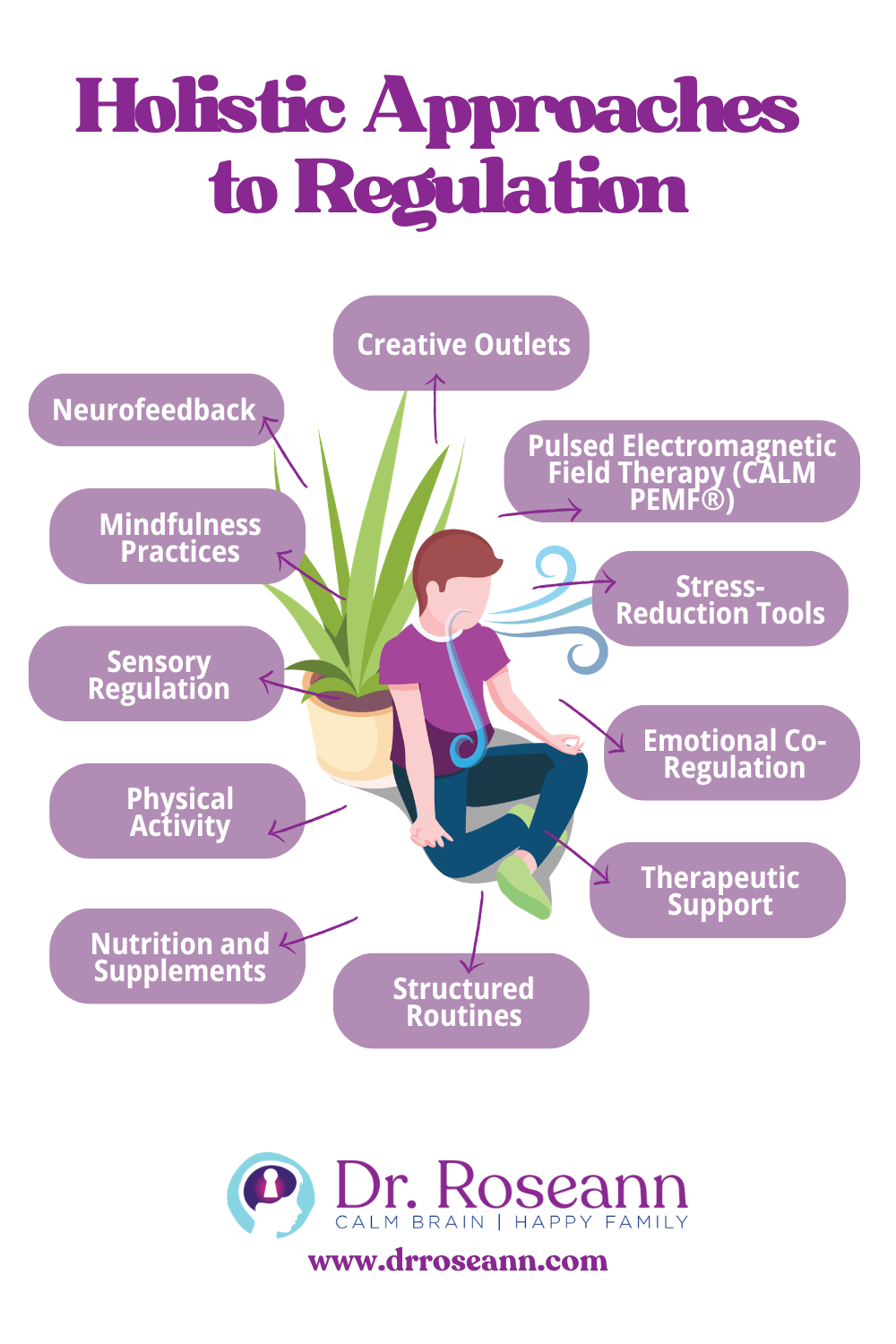 Infographic showing holistic regulation methods like neurofeedback, mindfulness, nutrition, exercise, and stress reduction.