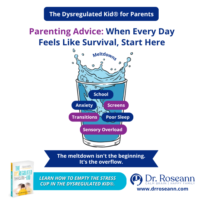 The Dysregulated Kid® book graphic about stress cup meltdowns.