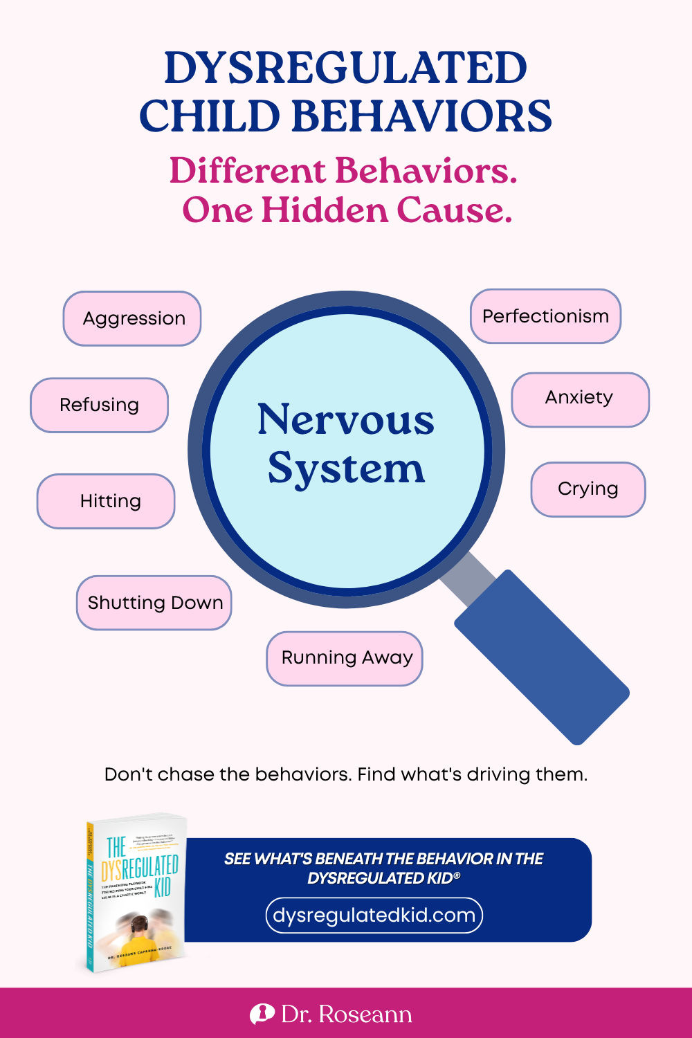 The Dysregulated Kid® infographic: dysregulated child behaviors can look different but share one hidden cause.