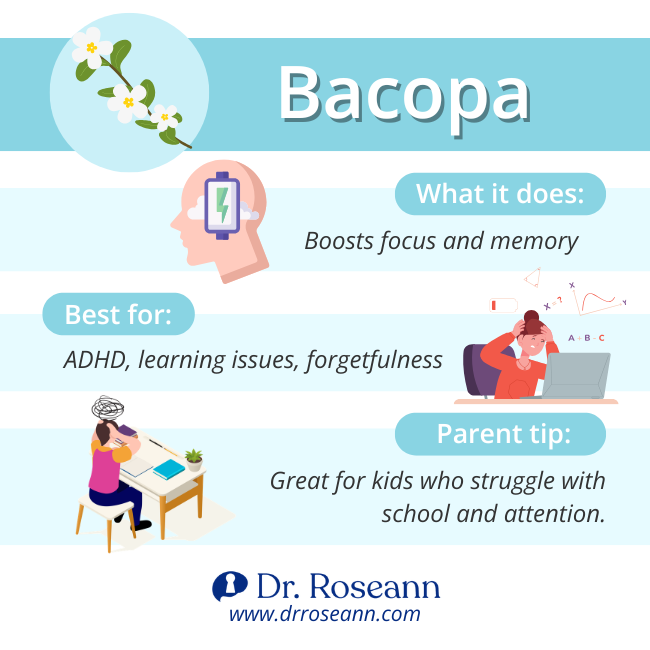 An infographic about Bacopa as one of the herbs for mental health, highlighting its benefits for boosting focus and memory for kids who struggle with ADHD and learning issues.