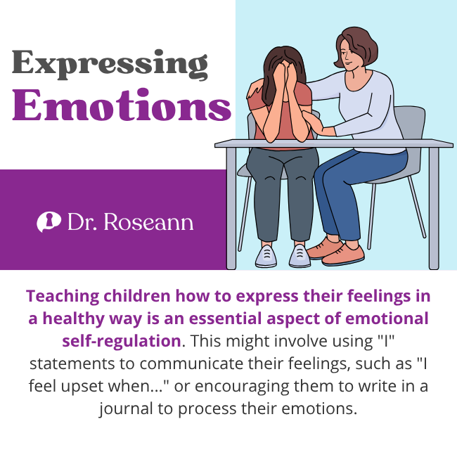 Illustration of a supportive adult comforting a child, emphasizing self-regulation strategies for expressing emotions in a healthy way.