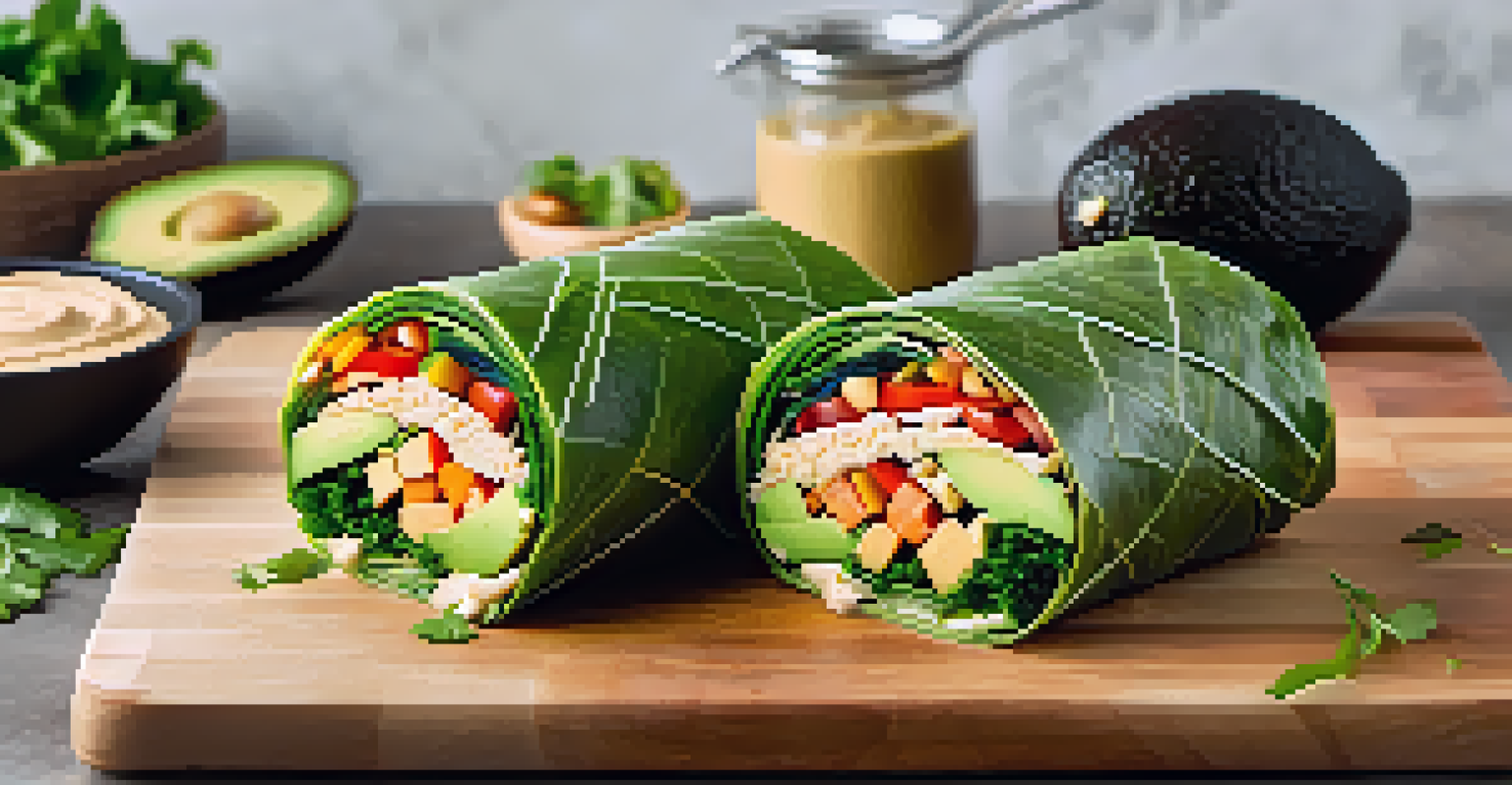 A colorful raw wrap filled with vegetables, avocado, and hummus, cut in half and placed on a wooden cutting board in a bright kitchen.