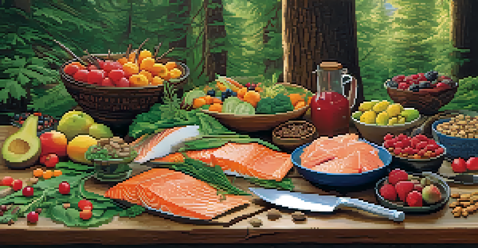 A traditional Indigenous feast showcasing raw foods like salmon, berries, and nuts arranged on a wooden table.