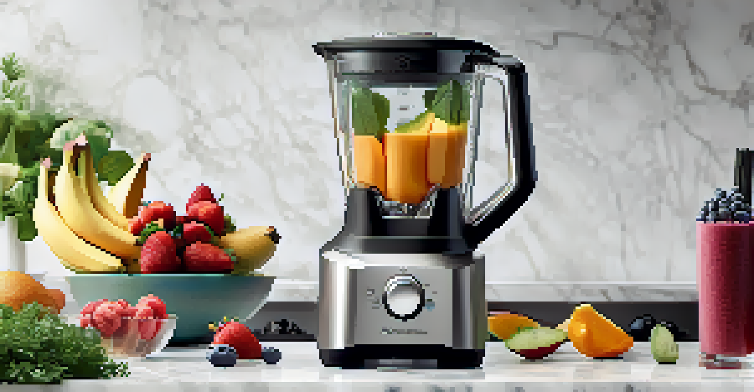 A close-up of a blender filled with a colorful smoothie on a marble countertop, surrounded by fresh ingredients like berries and greens.