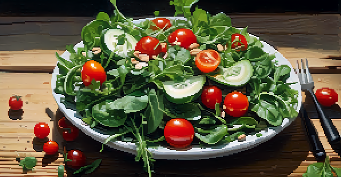 A colorful salad made of arugula, spinach, kale, cherry tomatoes, cucumbers, and almonds on a wooden table, illuminated by natural sunlight.