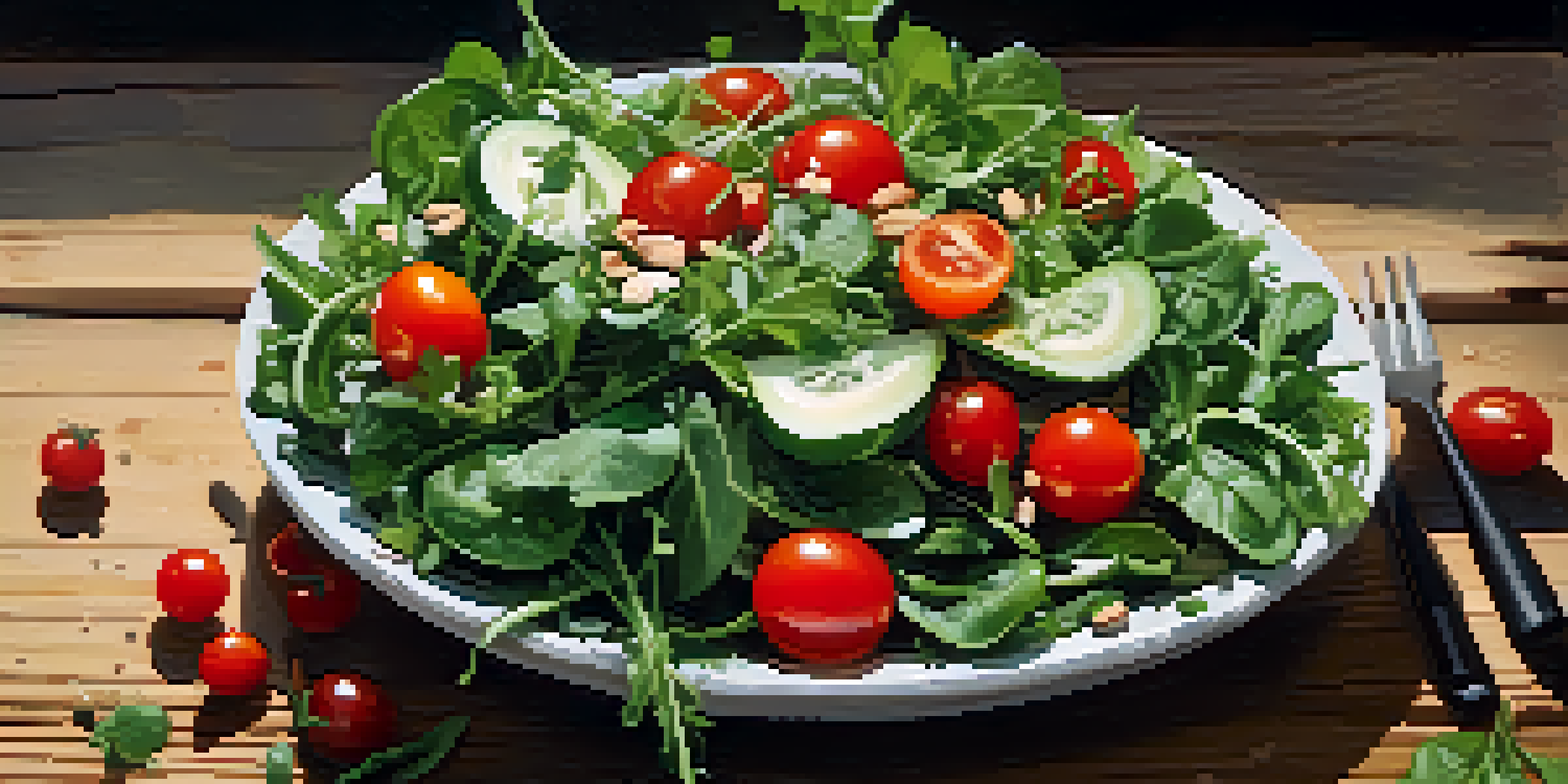 A colorful salad made of arugula, spinach, kale, cherry tomatoes, cucumbers, and almonds on a wooden table, illuminated by natural sunlight.