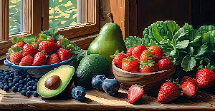 A colorful assortment of fresh raw fruits and vegetables displayed on a wooden table, with warm natural lighting enhancing their textures.