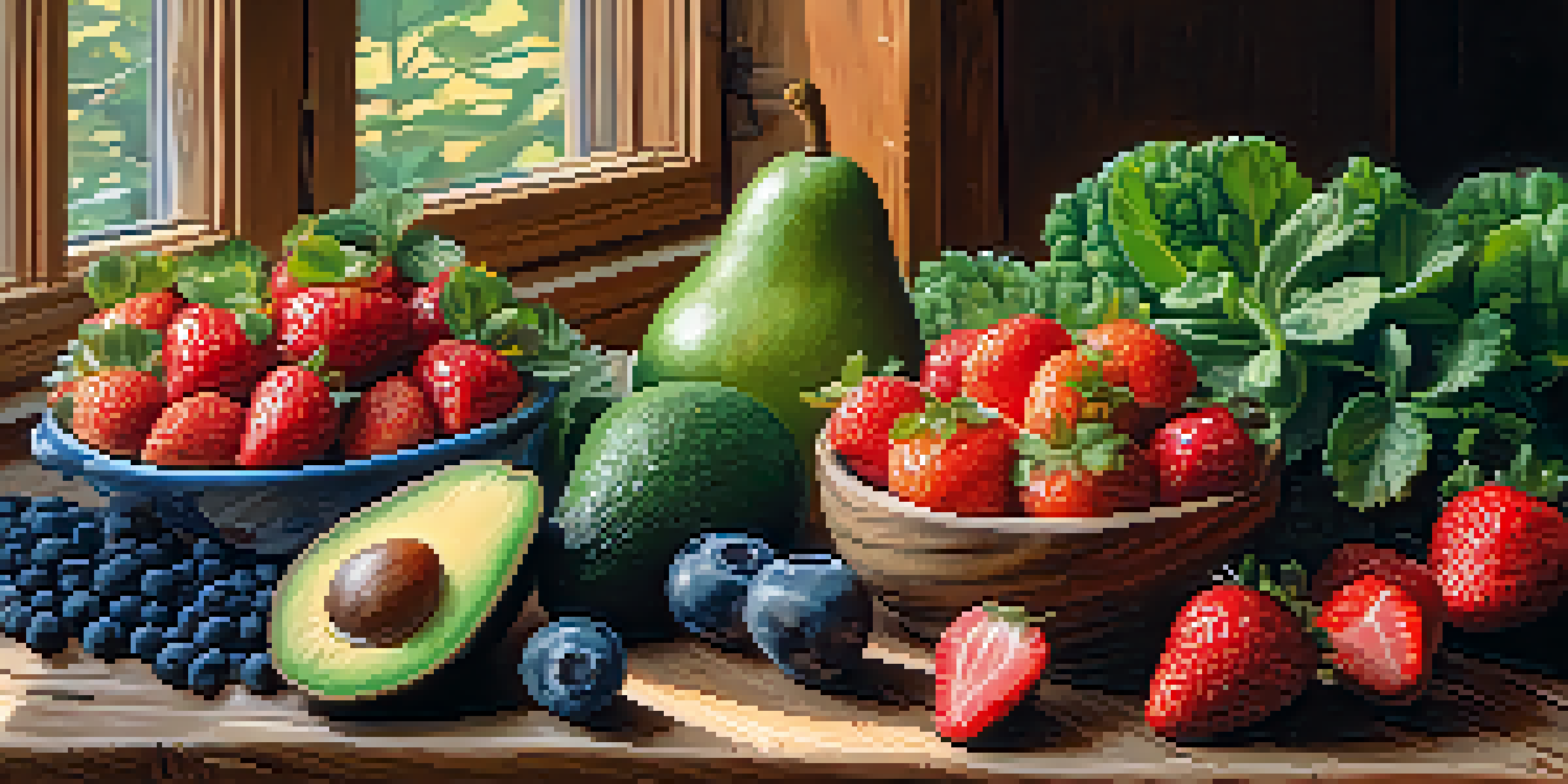 A colorful assortment of fresh raw fruits and vegetables displayed on a wooden table, with warm natural lighting enhancing their textures.