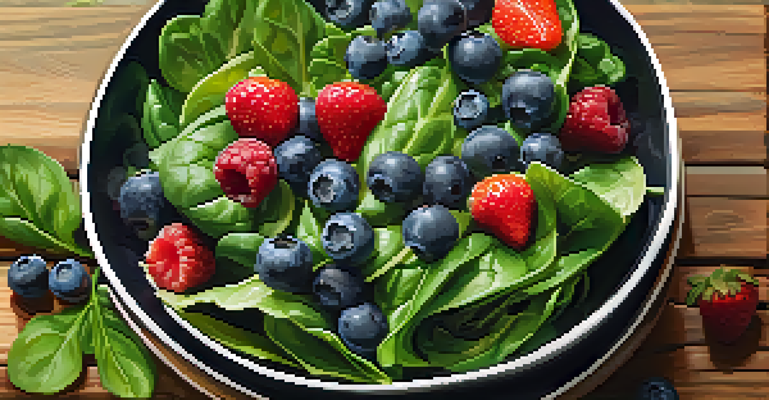 A colorful salad bowl filled with leafy greens and berries, presented on a wooden surface.