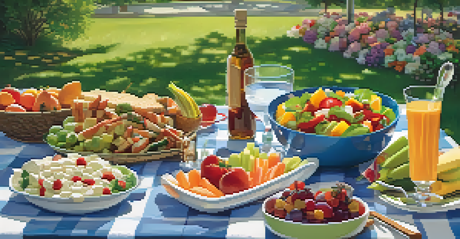 An outdoor picnic scene with a checkered blanket displaying raw vegetable sticks and fruit salad, surrounded by a sunny park atmosphere.