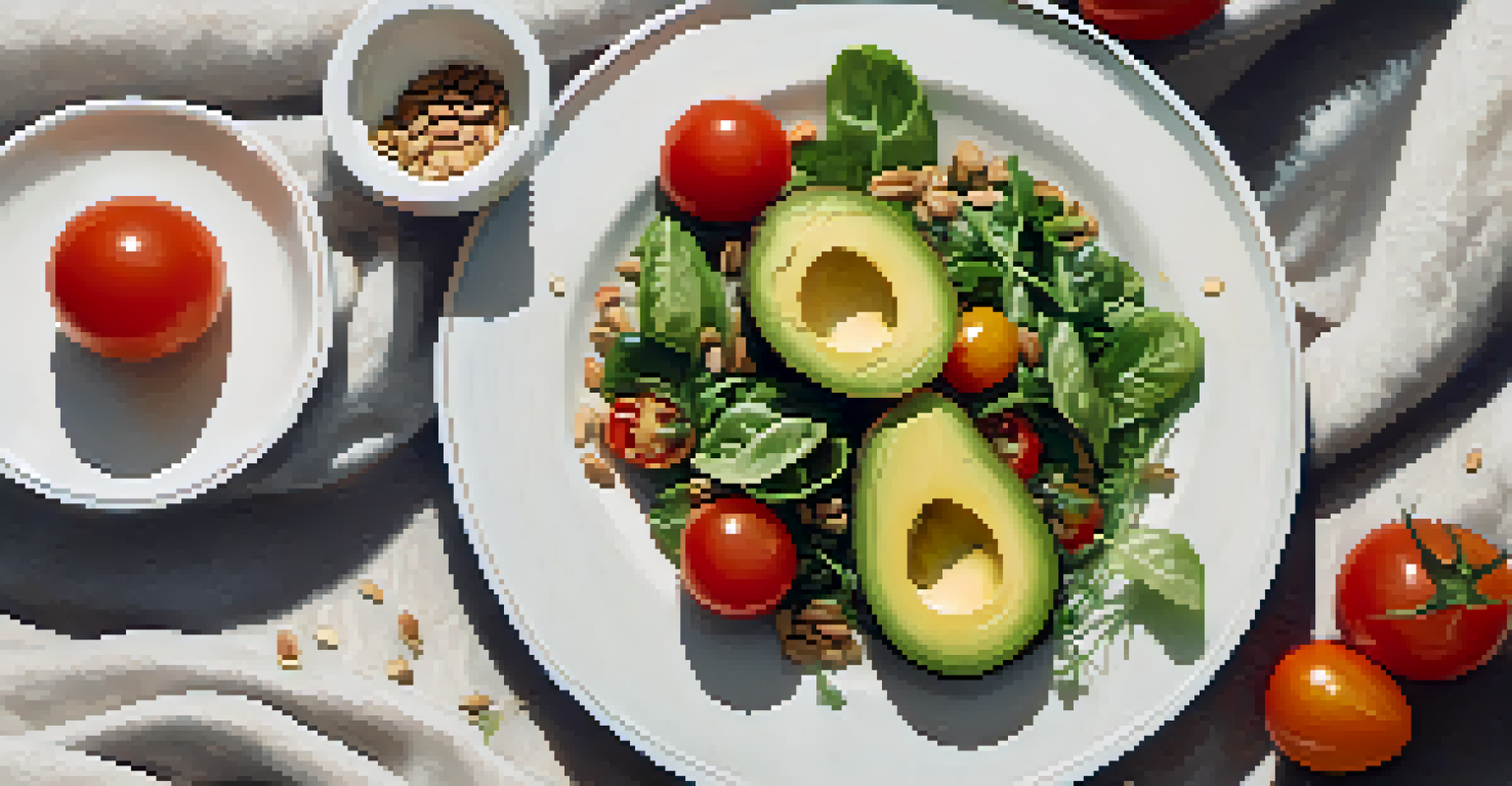 An overhead shot of a raw food meal with sliced avocado, cherry tomatoes, and greens on a white plate, set on a linen tablecloth.
