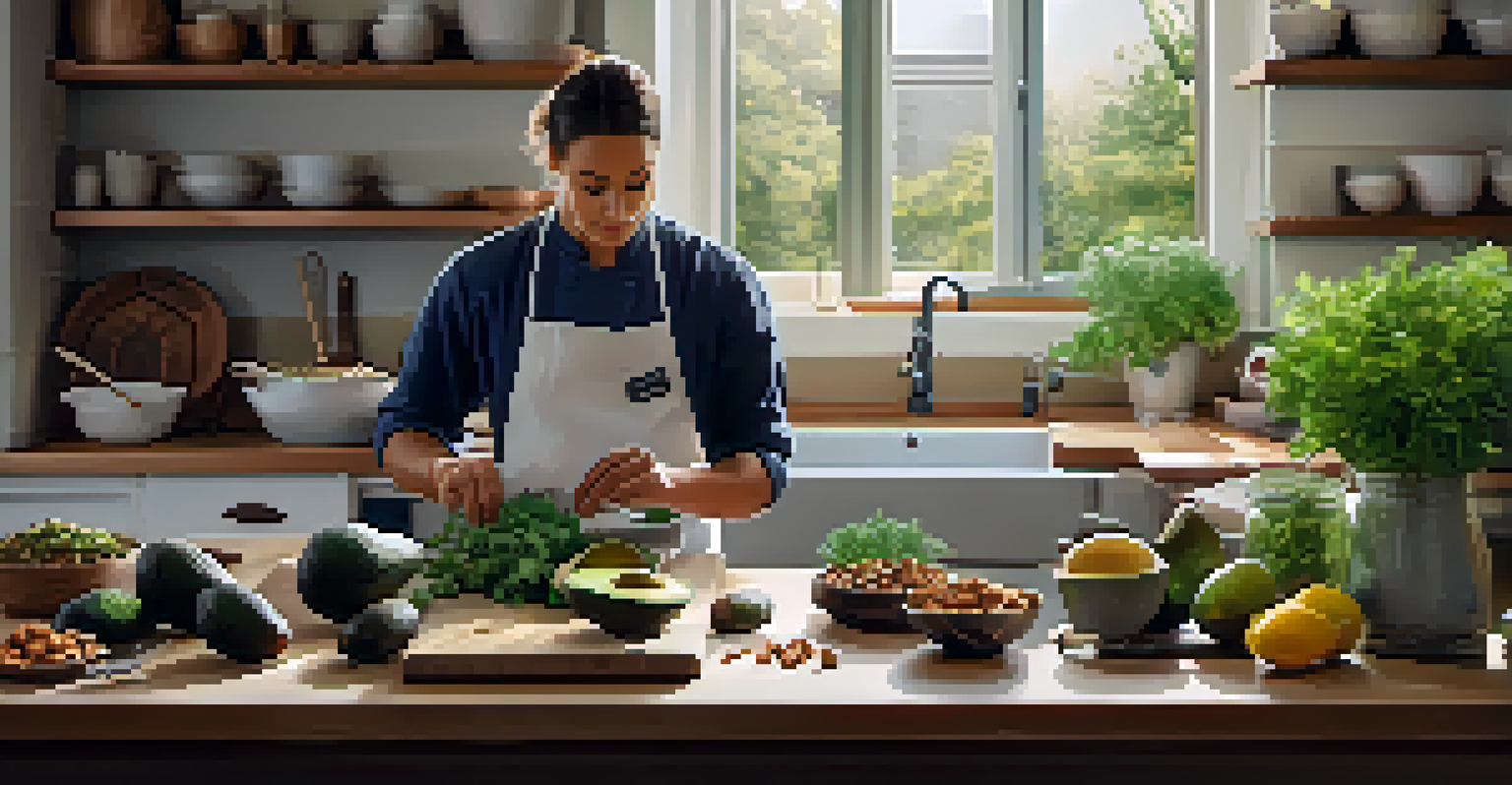 A chef in a kitchen preparing raw ingredients, with fresh herbs and vegetables on the countertop.
