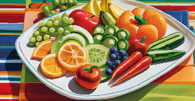 A colorful plate of raw fruits and vegetables creatively arranged in fun shapes, illuminated by soft natural light.