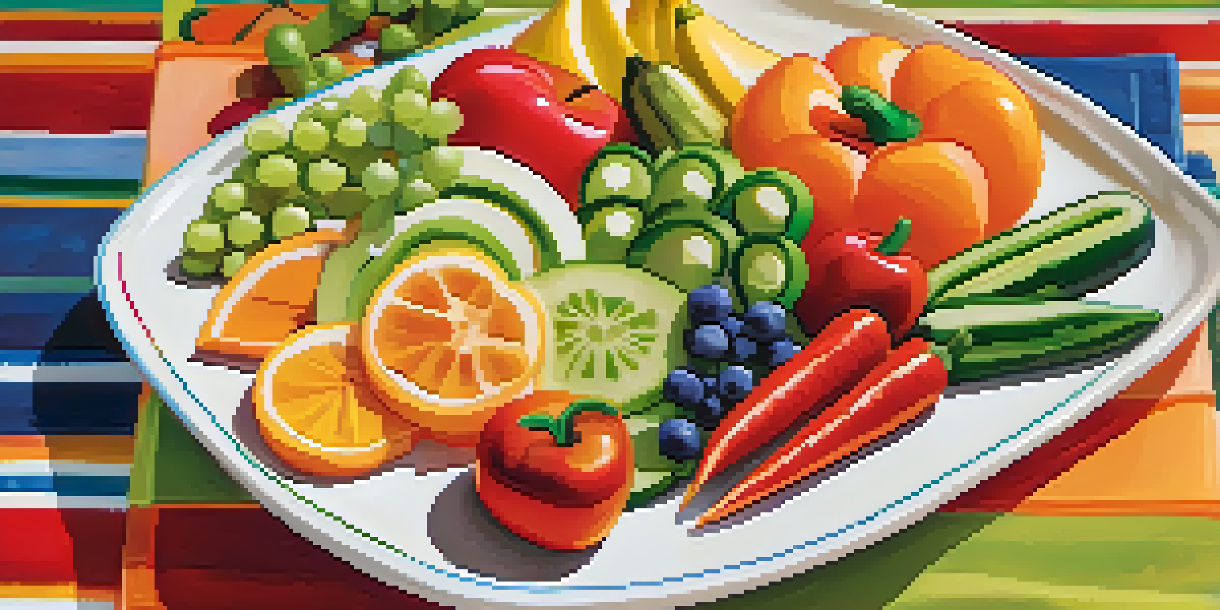 A colorful plate of raw fruits and vegetables creatively arranged in fun shapes, illuminated by soft natural light.