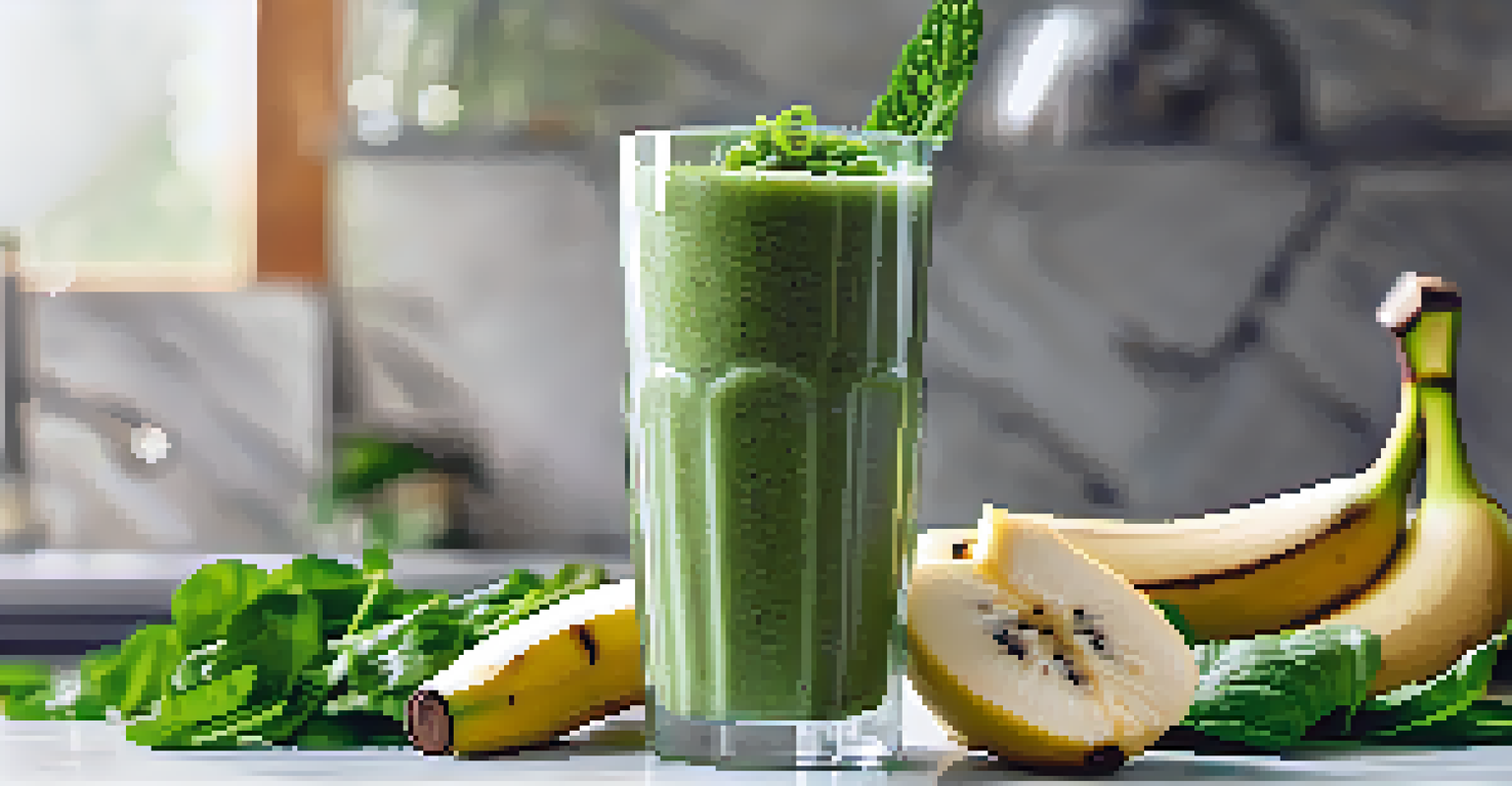 A clear glass filled with a green smoothie made from spinach, banana, and almond milk, topped with chia seeds, surrounded by fresh fruits and greens.