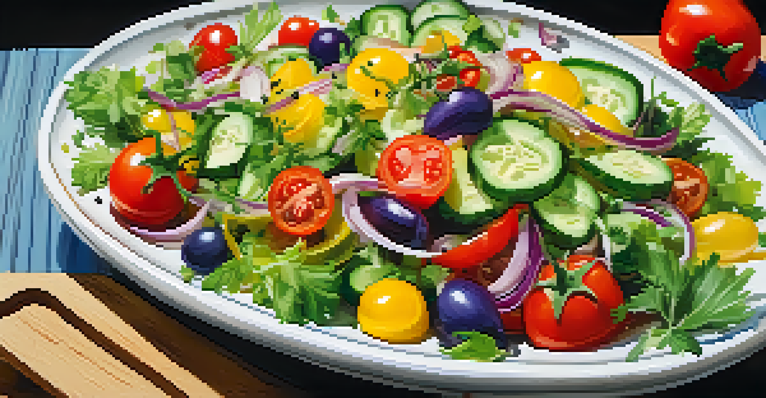 A colorful raw food salad with various vegetables and seeds in a bowl on a wooden table.