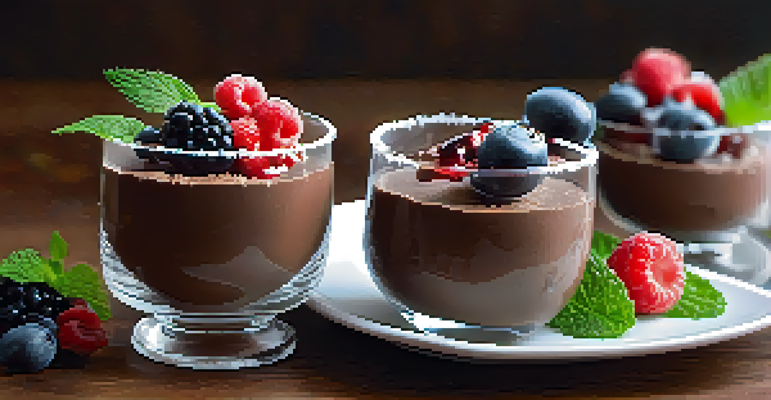 A glass cup filled with raw chocolate avocado mousse topped with berries and coconut, placed on a wooden table with mint leaves.