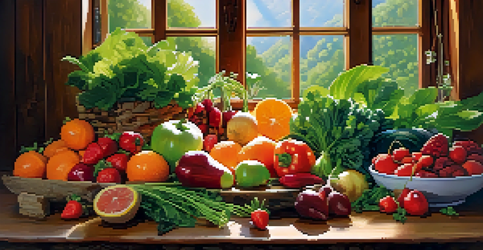 A colorful assortment of raw fruits and vegetables displayed on a wooden table, with sunlight illuminating the scene.